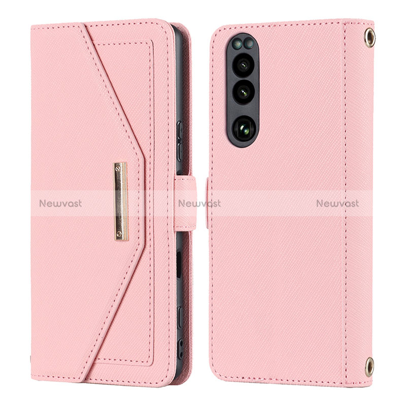 Leather Case Stands Flip Cover Holder DT1 for Sony Xperia 5 III Pink