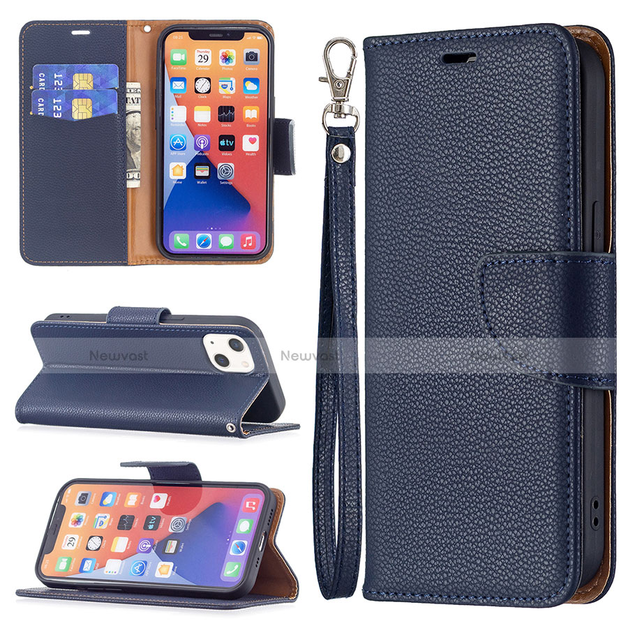 Leather Case Stands Flip Cover Holder for Apple iPhone 13 Blue