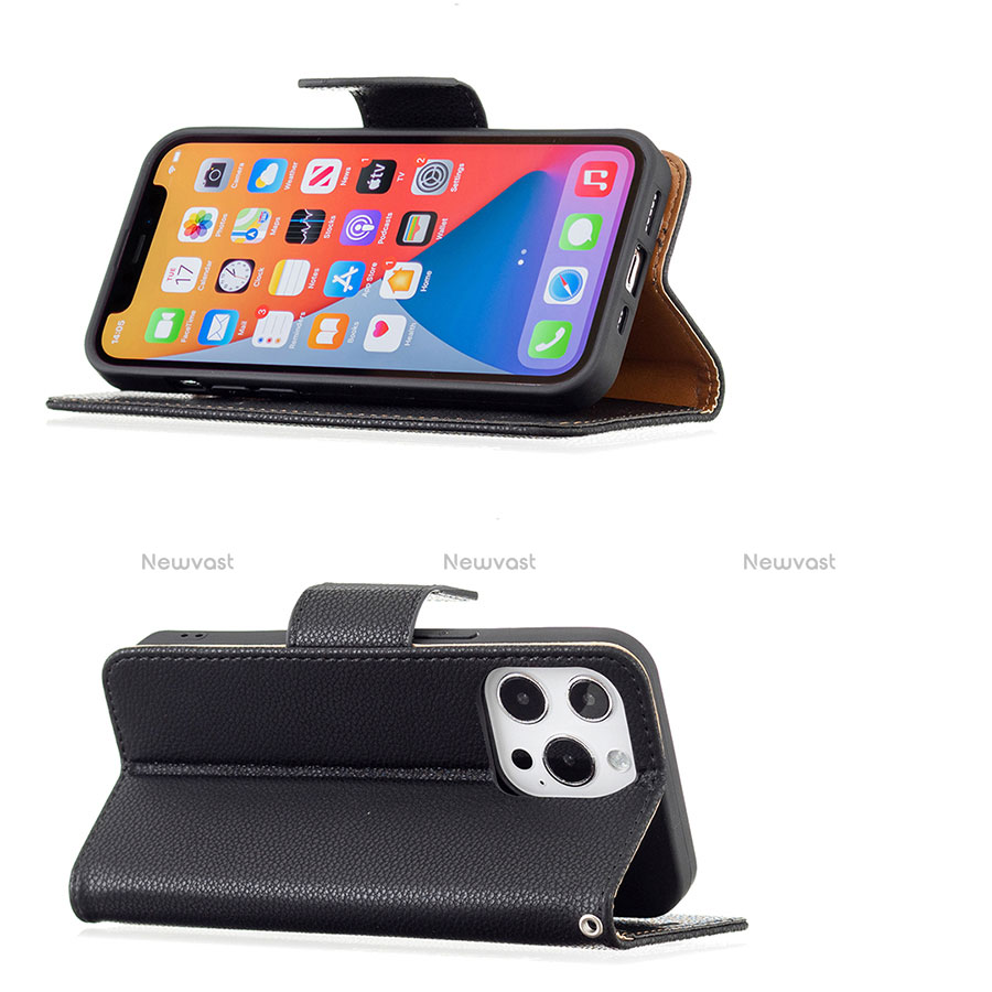 Leather Case Stands Flip Cover Holder for Apple iPhone 13 Pro Black