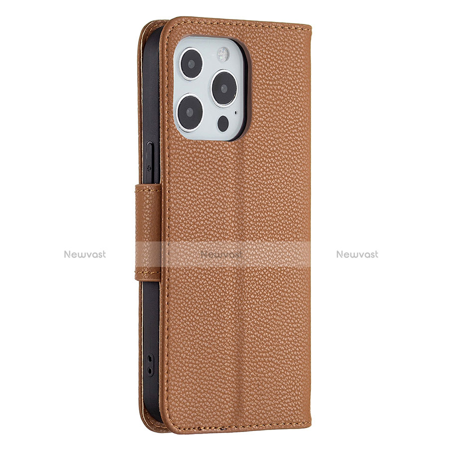 Leather Case Stands Flip Cover Holder for Apple iPhone 13 Pro Brown