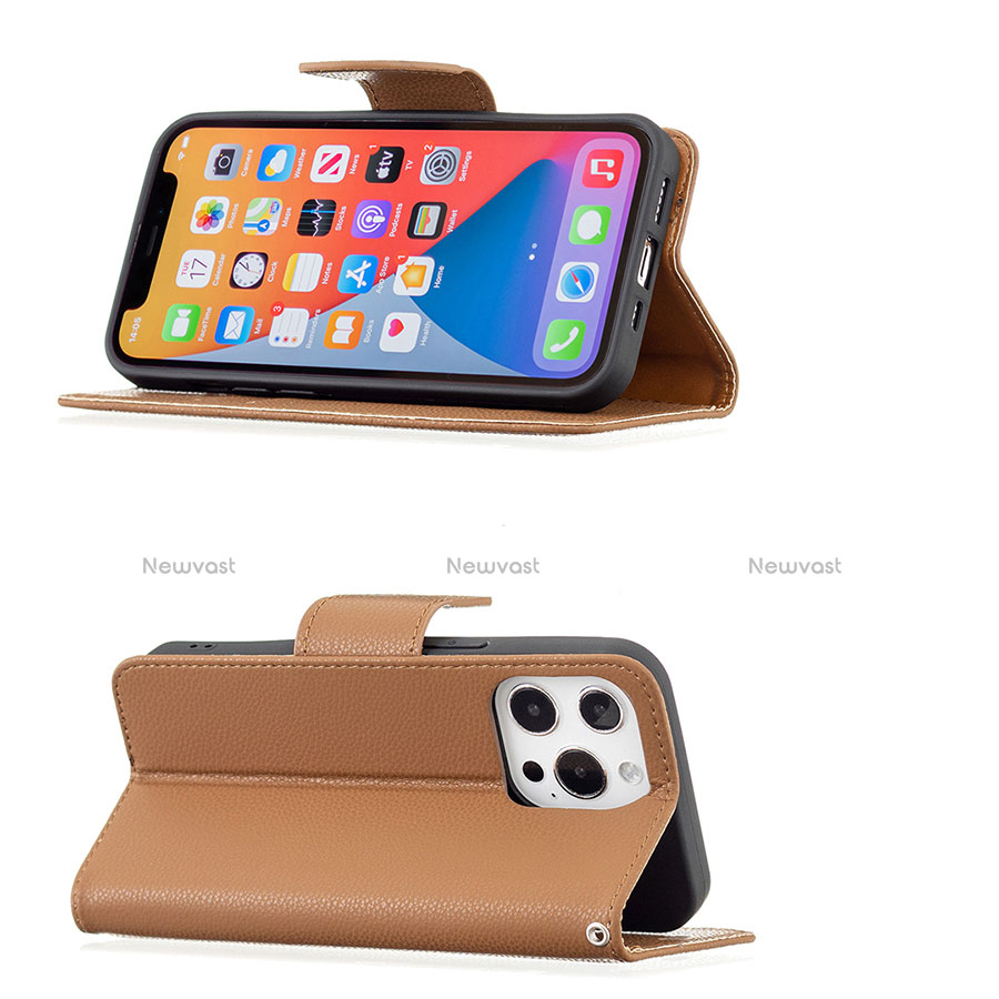 Leather Case Stands Flip Cover Holder for Apple iPhone 13 Pro Brown