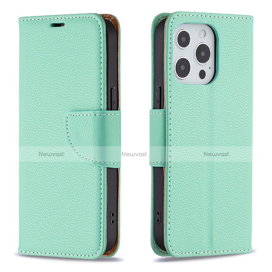 Leather Case Stands Flip Cover Holder for Apple iPhone 13 Pro Cyan