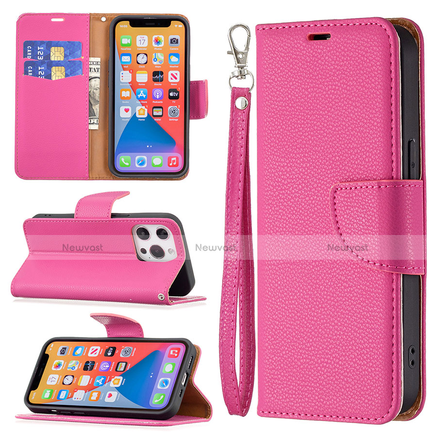 Leather Case Stands Flip Cover Holder for Apple iPhone 13 Pro Hot Pink