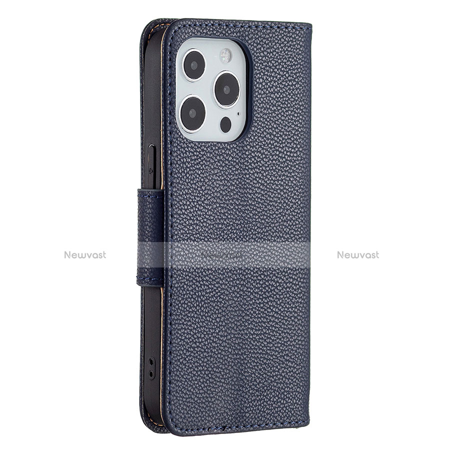 Leather Case Stands Flip Cover Holder for Apple iPhone 13 Pro Navy Blue