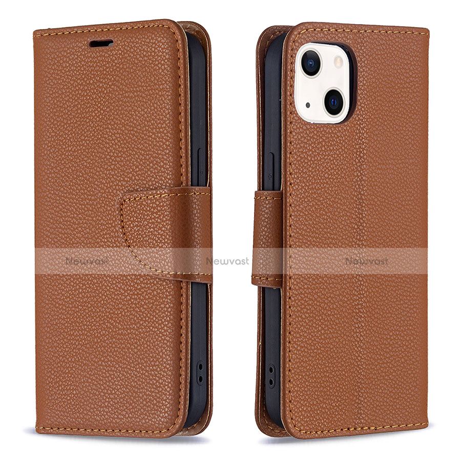 Leather Case Stands Flip Cover Holder for Apple iPhone 14 Brown