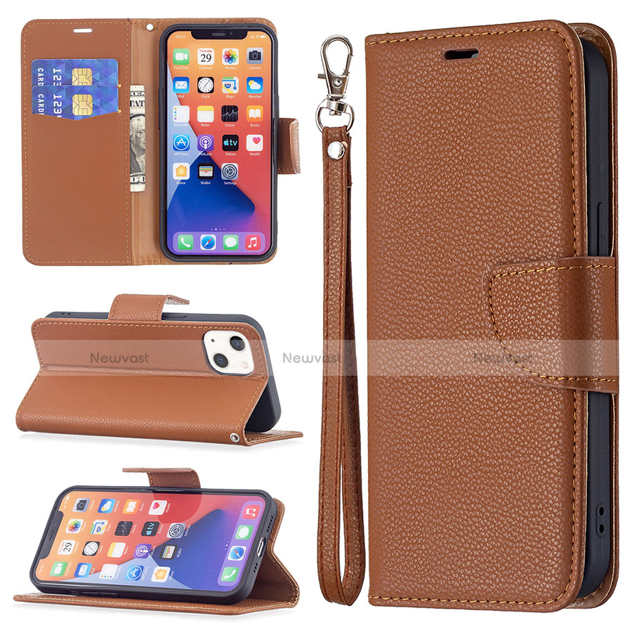 Leather Case Stands Flip Cover Holder for Apple iPhone 14 Brown