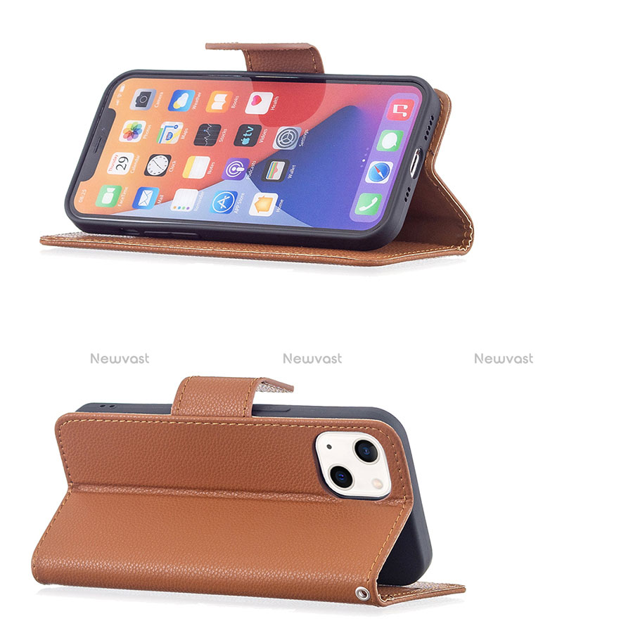 Leather Case Stands Flip Cover Holder for Apple iPhone 14 Brown