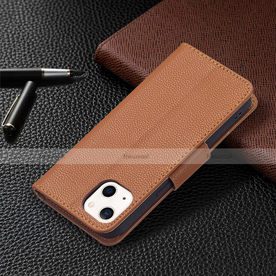 Leather Case Stands Flip Cover Holder for Apple iPhone 14 Brown