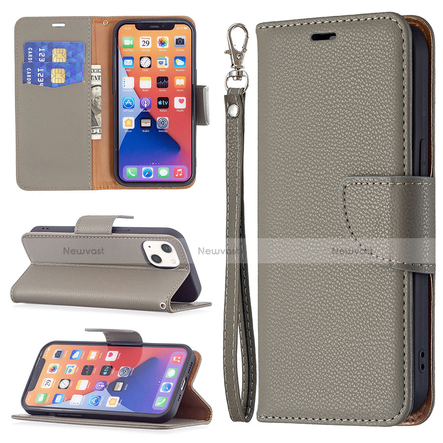 Leather Case Stands Flip Cover Holder for Apple iPhone 14 Gray