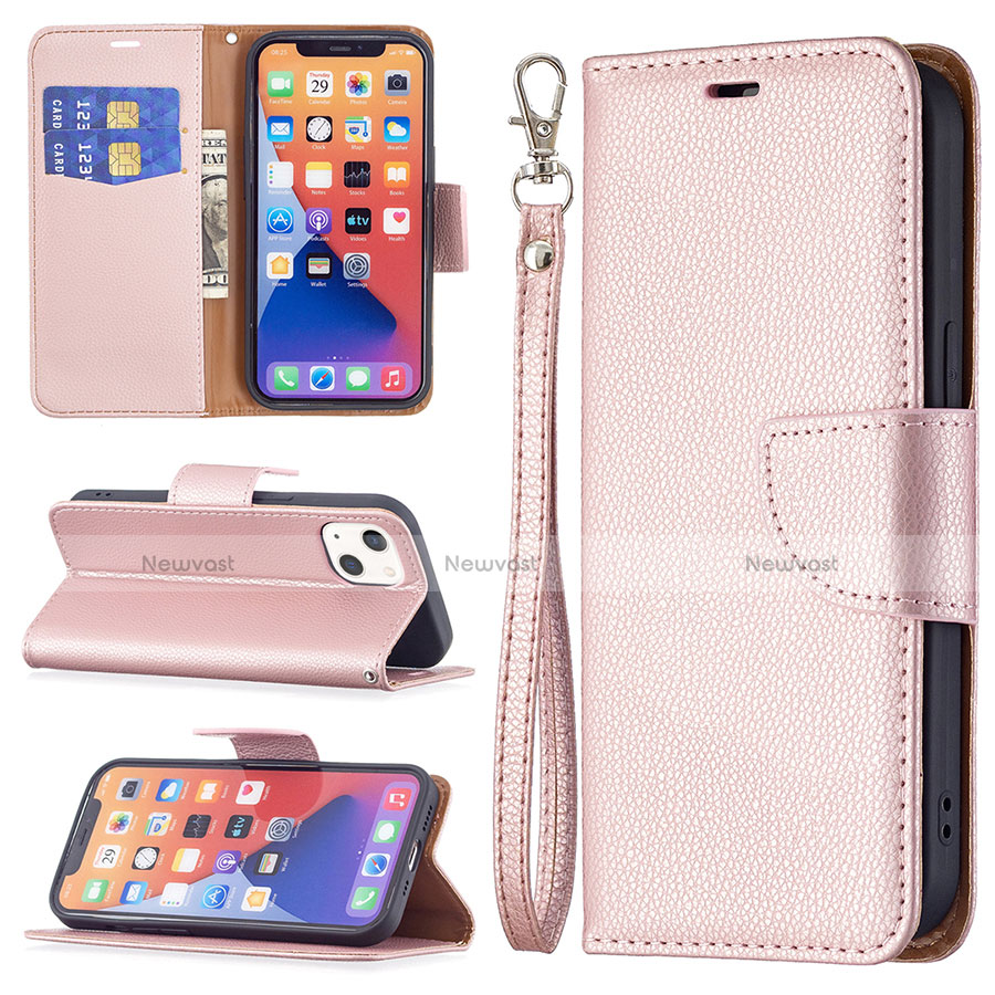 Leather Case Stands Flip Cover Holder for Apple iPhone 14 Plus Rose Gold