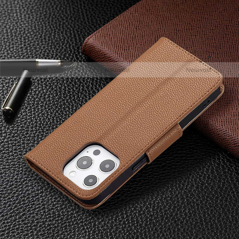 Leather Case Stands Flip Cover Holder for Apple iPhone 14 Pro Brown