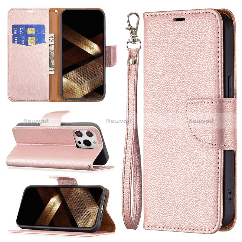 Leather Case Stands Flip Cover Holder for Apple iPhone 14 Pro Max Rose Gold