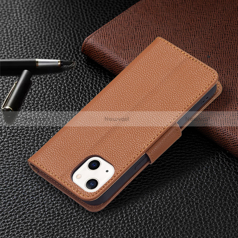 Leather Case Stands Flip Cover Holder for Apple iPhone 15 Brown