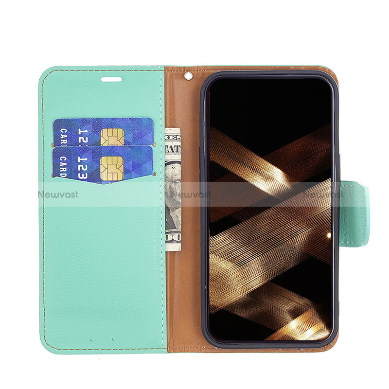 Leather Case Stands Flip Cover Holder for Apple iPhone 15 Cyan