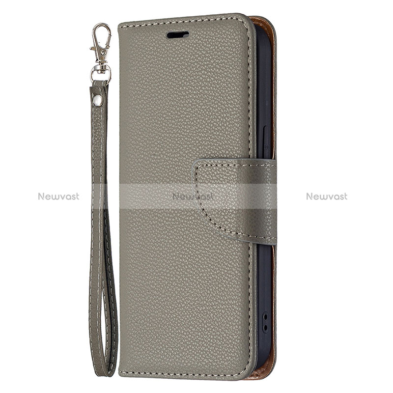 Leather Case Stands Flip Cover Holder for Apple iPhone 15 Gray