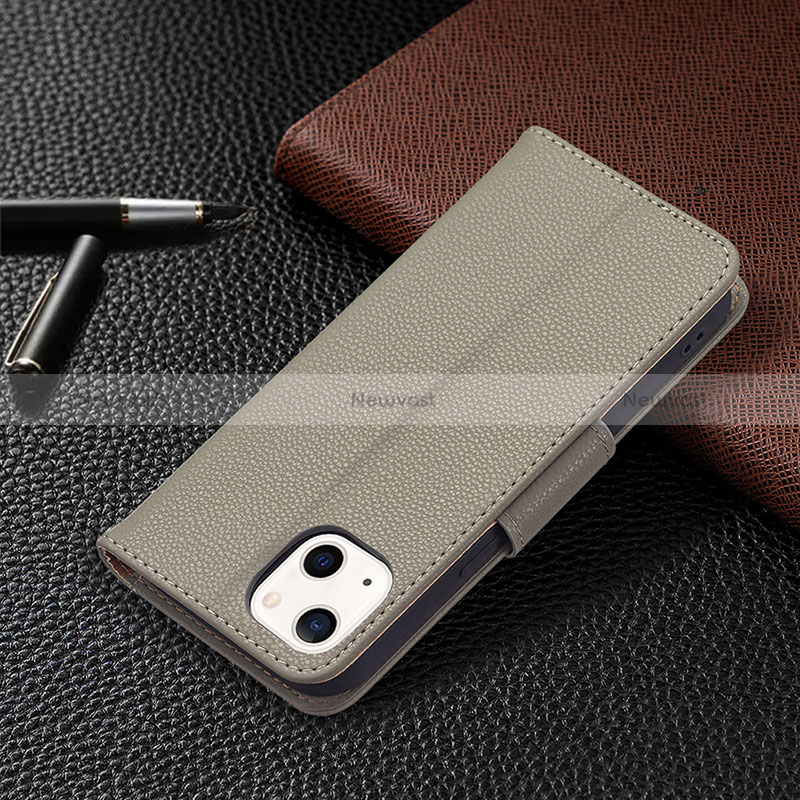 Leather Case Stands Flip Cover Holder for Apple iPhone 15 Gray