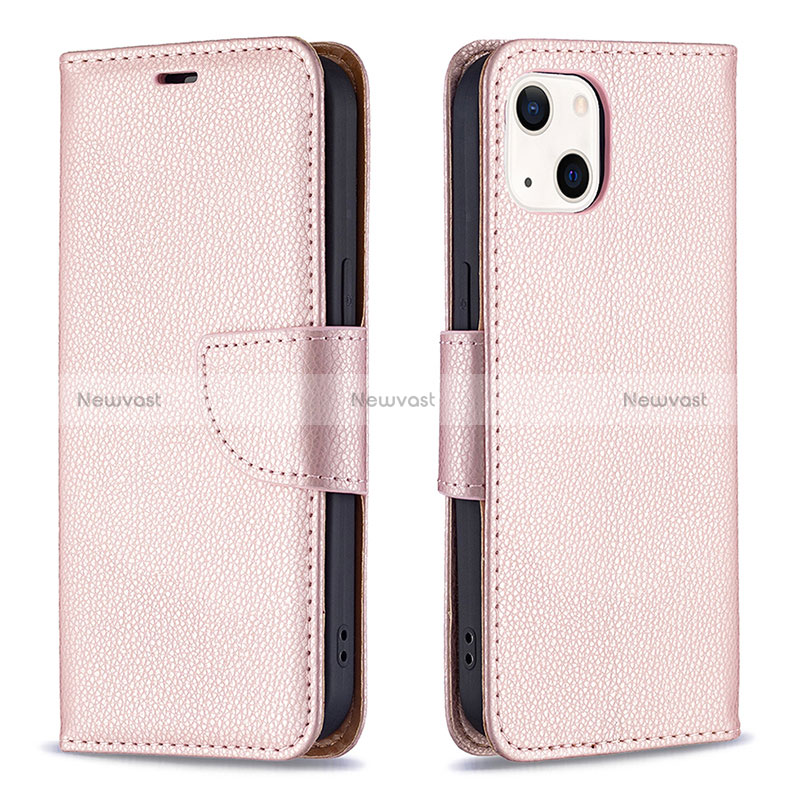 Leather Case Stands Flip Cover Holder for Apple iPhone 15 Plus Rose Gold