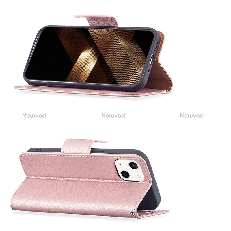 Leather Case Stands Flip Cover Holder for Apple iPhone 15 Plus Rose Gold