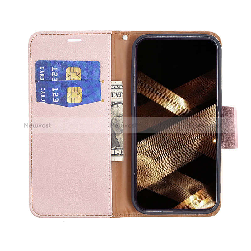 Leather Case Stands Flip Cover Holder for Apple iPhone 15 Plus Rose Gold