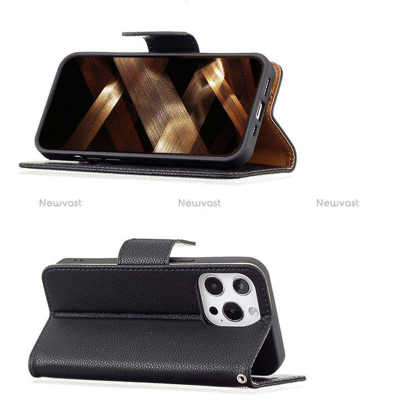 Leather Case Stands Flip Cover Holder for Apple iPhone 15 Pro Black