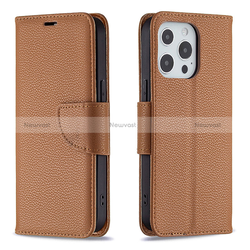 Leather Case Stands Flip Cover Holder for Apple iPhone 15 Pro Brown