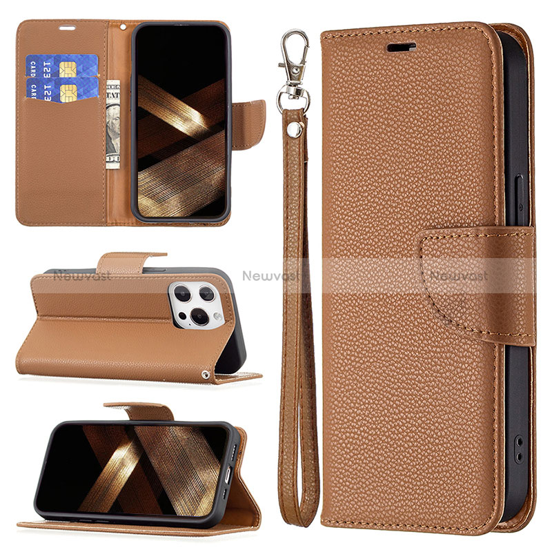 Leather Case Stands Flip Cover Holder for Apple iPhone 15 Pro Brown