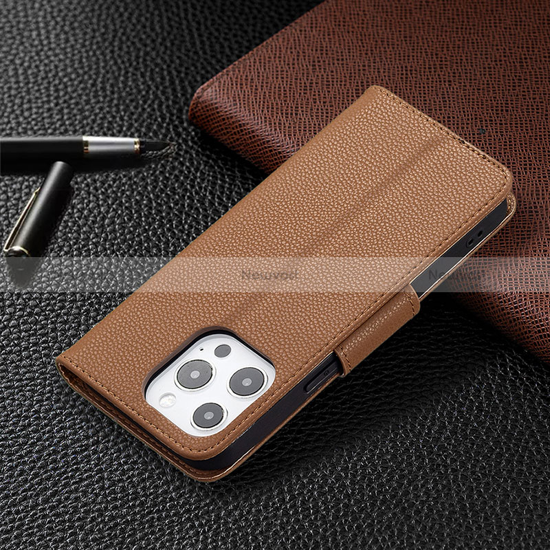 Leather Case Stands Flip Cover Holder for Apple iPhone 15 Pro Brown