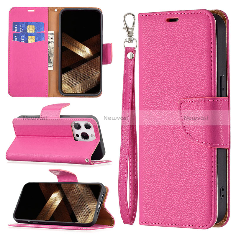 Leather Case Stands Flip Cover Holder for Apple iPhone 15 Pro Hot Pink