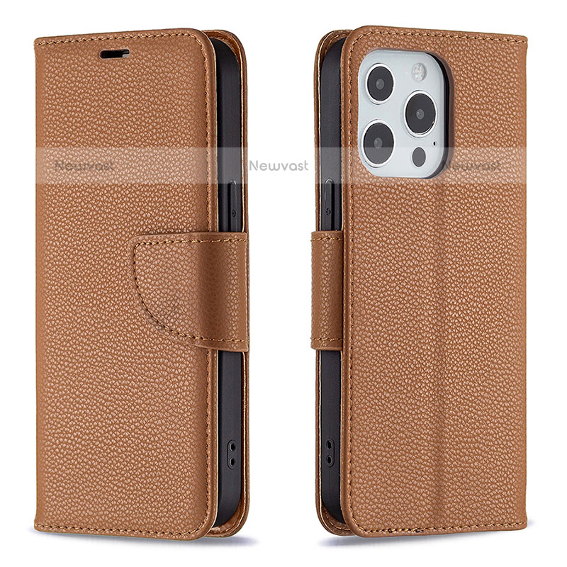 Leather Case Stands Flip Cover Holder for Apple iPhone 15 Pro Max Brown