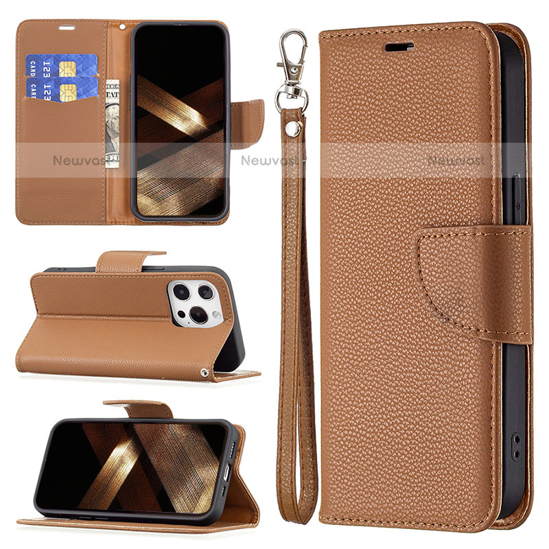 Leather Case Stands Flip Cover Holder for Apple iPhone 15 Pro Max Brown