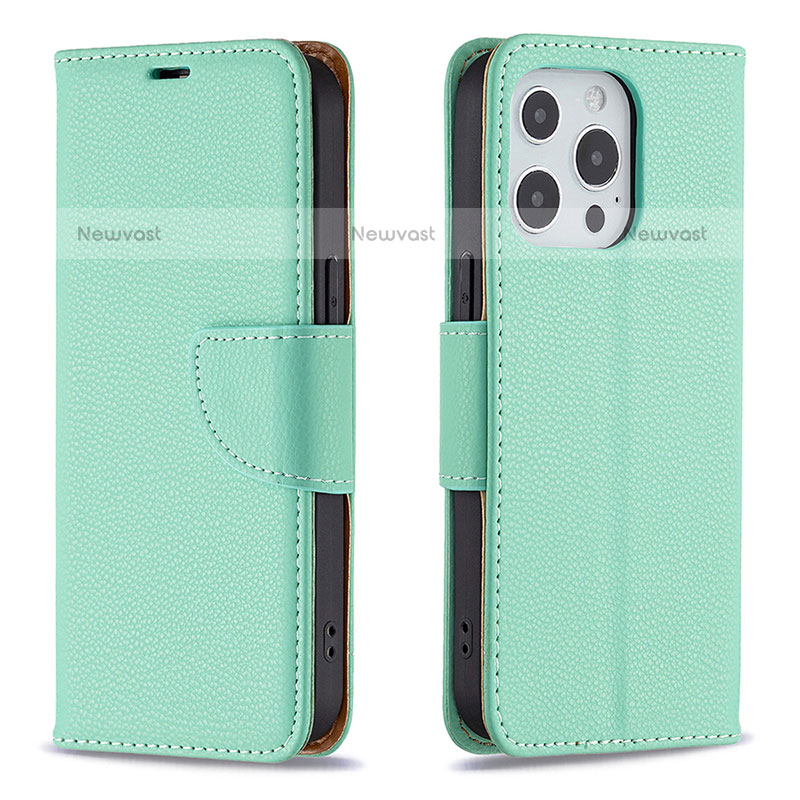 Leather Case Stands Flip Cover Holder for Apple iPhone 15 Pro Max Cyan