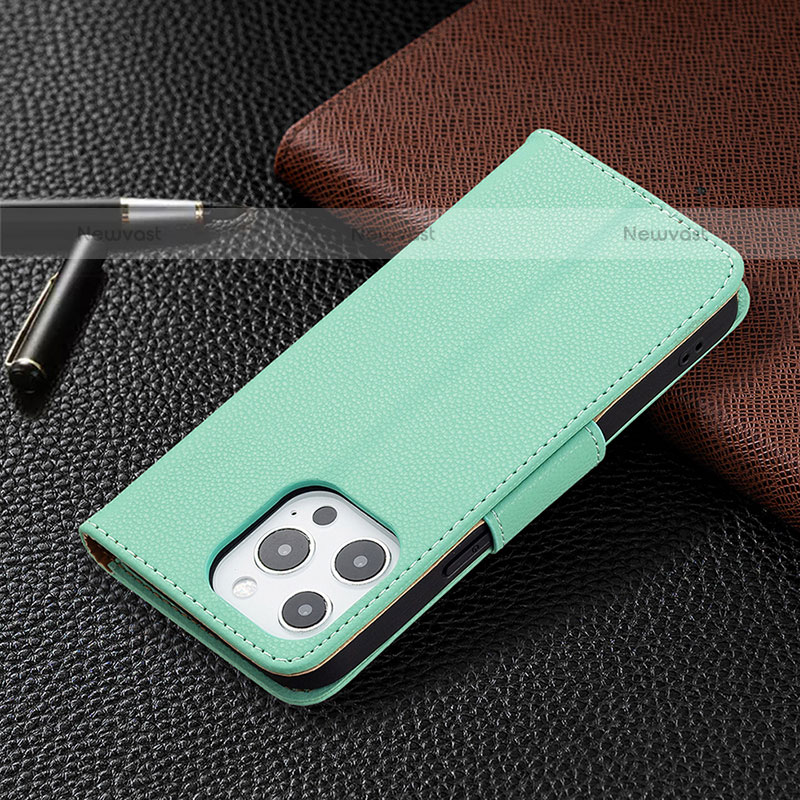 Leather Case Stands Flip Cover Holder for Apple iPhone 15 Pro Max Cyan