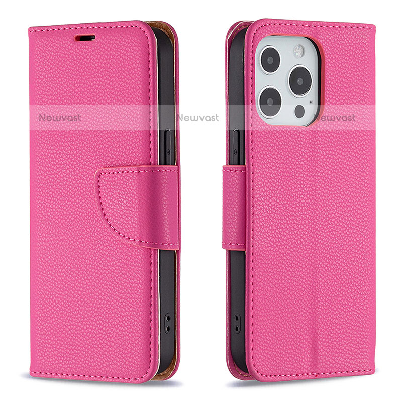 Leather Case Stands Flip Cover Holder for Apple iPhone 15 Pro Max Hot Pink