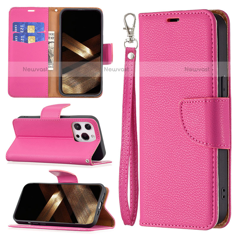 Leather Case Stands Flip Cover Holder for Apple iPhone 15 Pro Max Hot Pink