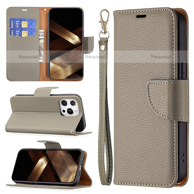 Leather Case Stands Flip Cover Holder for Apple iPhone 15 Pro Max Khaki