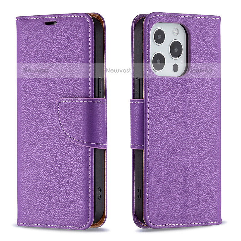 Leather Case Stands Flip Cover Holder for Apple iPhone 15 Pro Max Purple