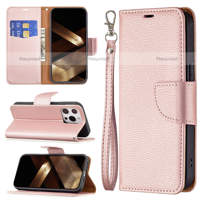 Leather Case Stands Flip Cover Holder for Apple iPhone 15 Pro Max Rose Gold