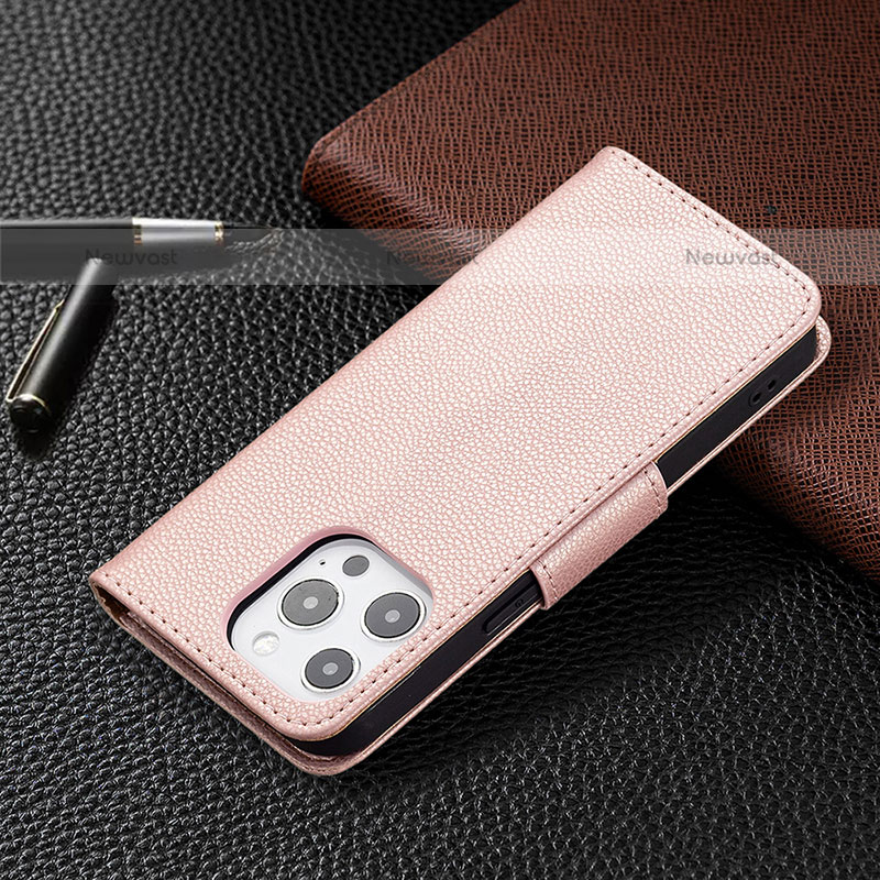 Leather Case Stands Flip Cover Holder for Apple iPhone 15 Pro Max Rose Gold