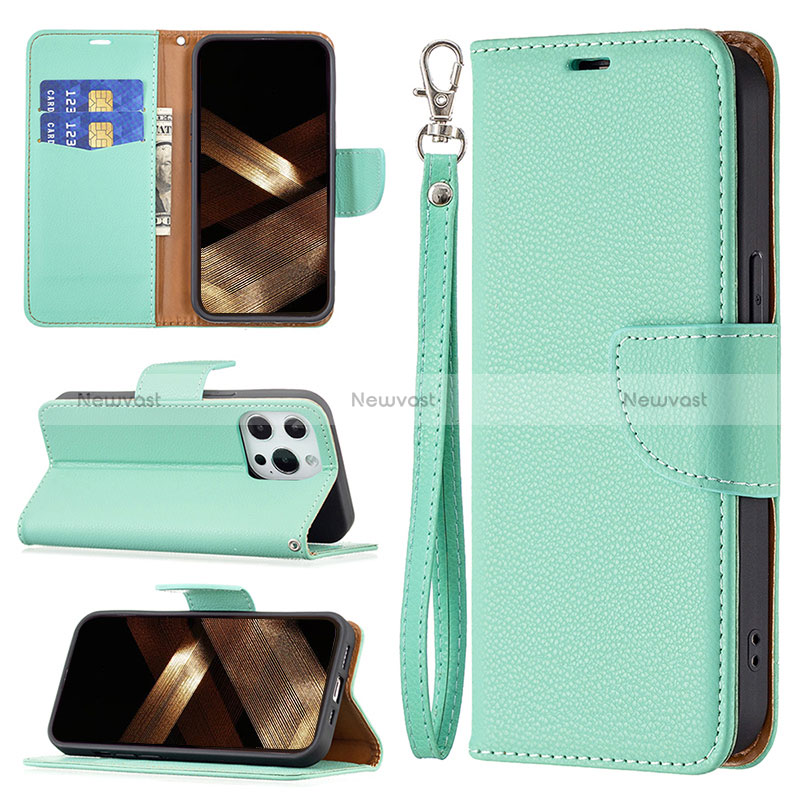 Leather Case Stands Flip Cover Holder for Apple iPhone 16 Pro Max Cyan