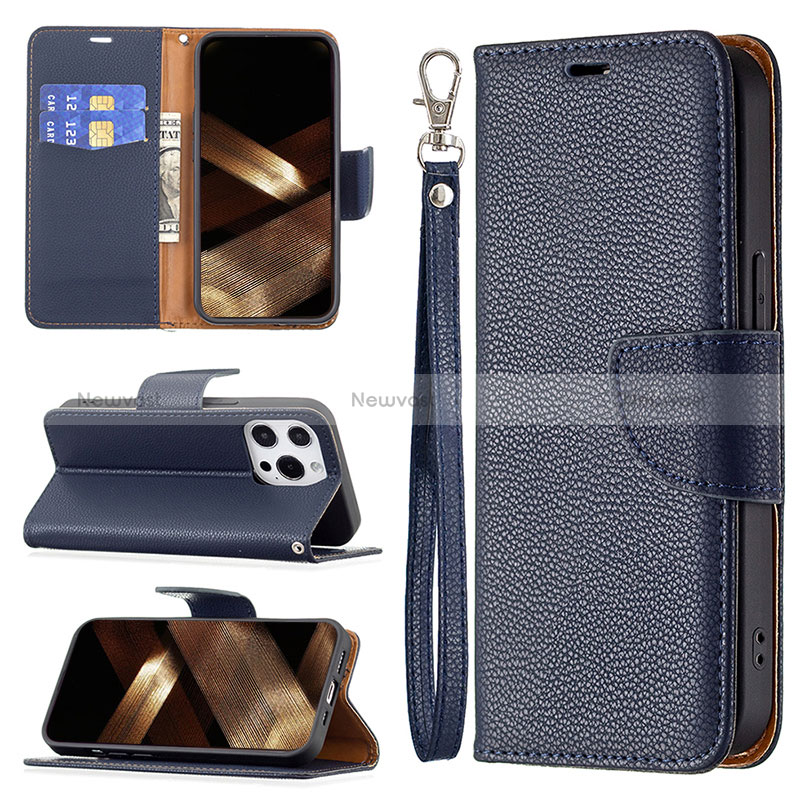 Leather Case Stands Flip Cover Holder for Apple iPhone 16 Pro Max Navy Blue