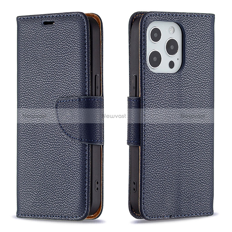 Leather Case Stands Flip Cover Holder for Apple iPhone 16 Pro Navy Blue