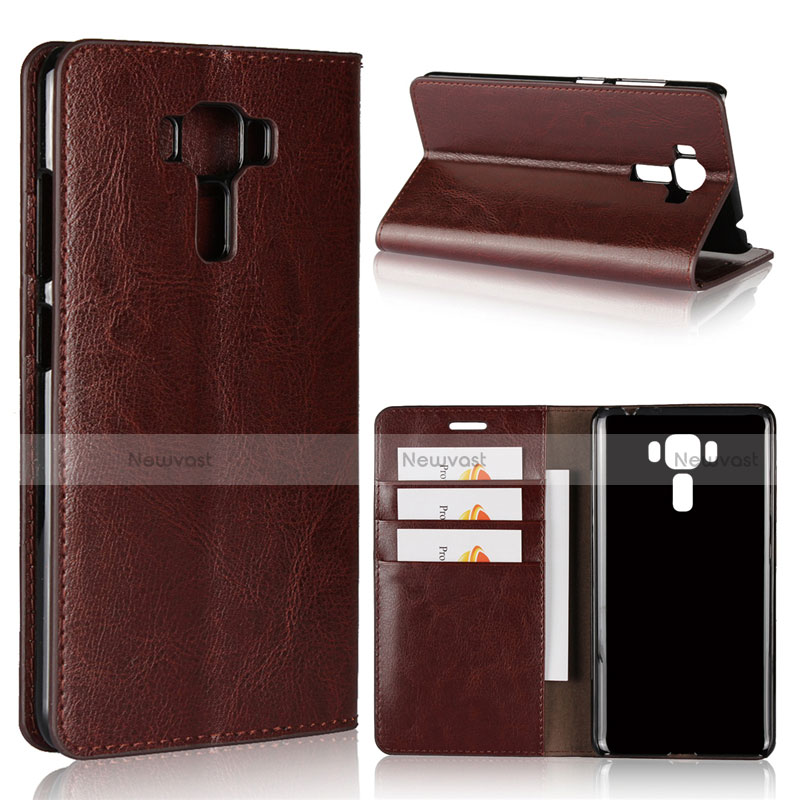 Leather Case Stands Flip Cover Holder for Asus Zenfone 3 Laser Brown