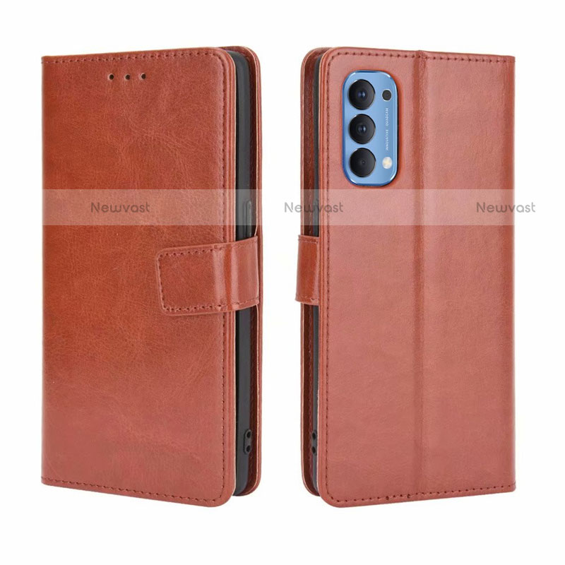 Leather Case Stands Flip Cover Holder for Oppo Reno4 4G Brown