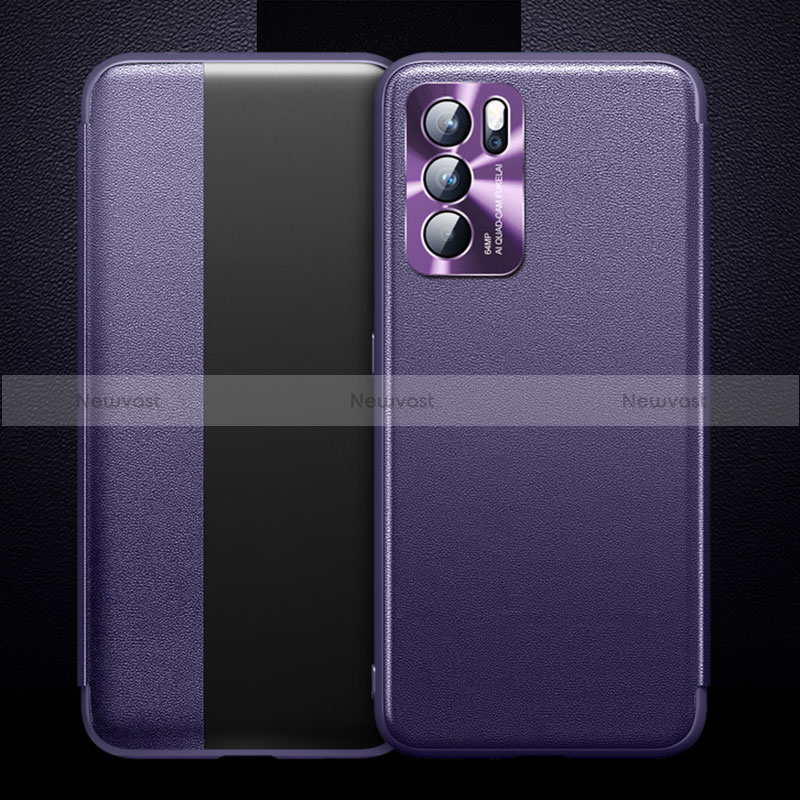 Leather Case Stands Flip Cover Holder for Oppo Reno6 Pro 5G India Purple