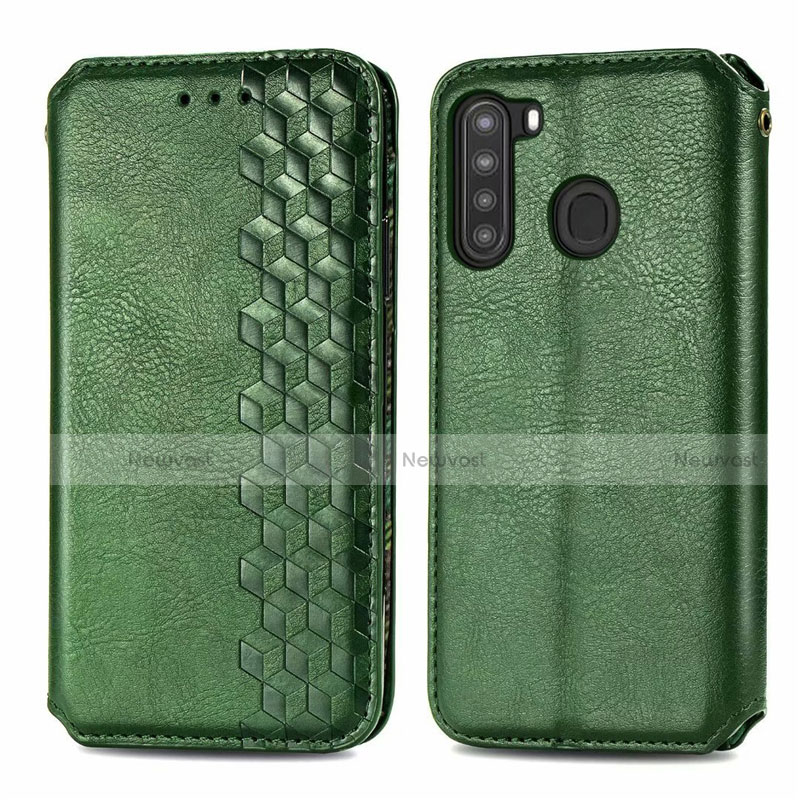 Leather Case Stands Flip Cover Holder for Samsung Galaxy A21 Green