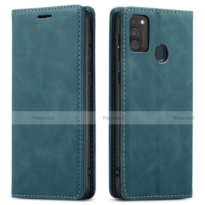 Leather Case Stands Flip Cover Holder for Samsung Galaxy M21 Blue