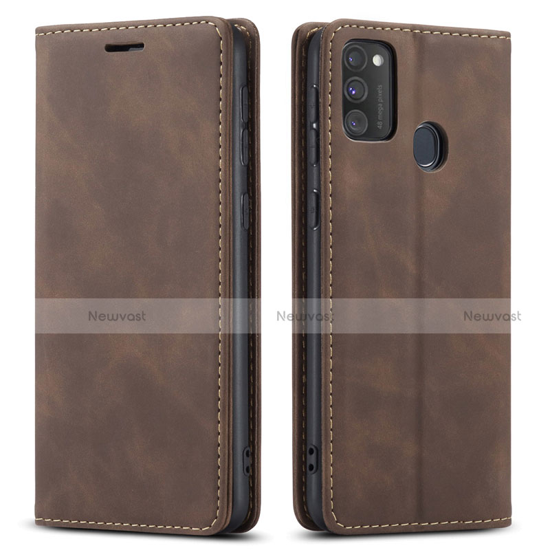 Leather Case Stands Flip Cover Holder for Samsung Galaxy M21 Brown