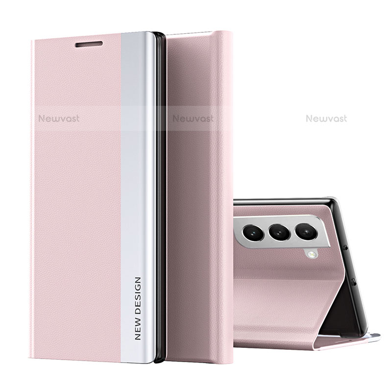 Leather Case Stands Flip Cover Holder for Samsung Galaxy S22 5G Pink