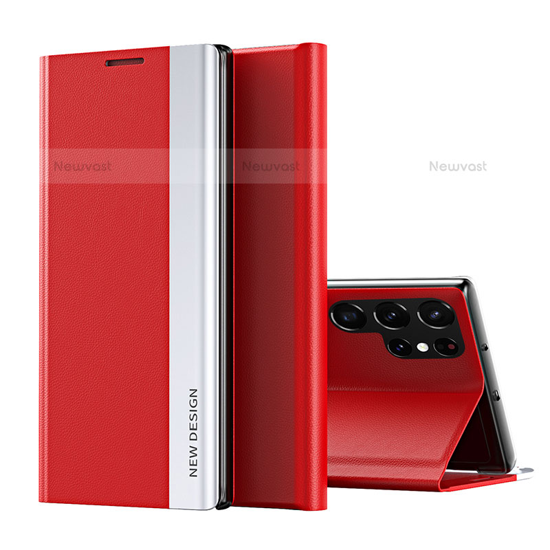 Leather Case Stands Flip Cover Holder for Samsung Galaxy S22 Ultra 5G Red