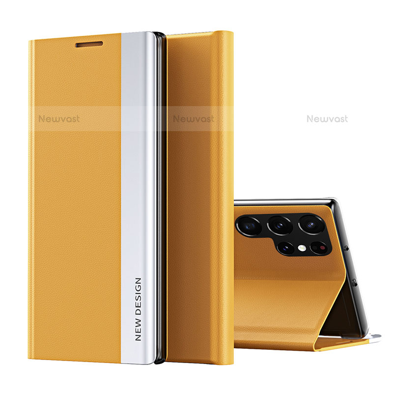 Leather Case Stands Flip Cover Holder for Samsung Galaxy S22 Ultra 5G Yellow